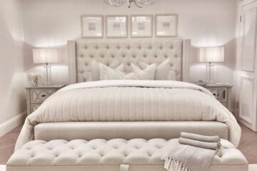 A beige upholstered platform bed | Zohaib Furniture