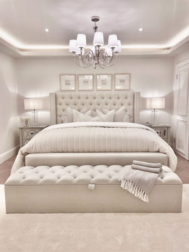 A beige upholstered platform bed | Zohaib Furniture