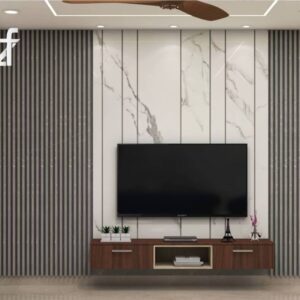 Modern Wall Mounted TV Unit Design With Grey Fluted Panels