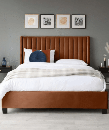 Bella Winged Bed with channel-tufted velvet headboard in navy color from Zohaib Furniture UAE