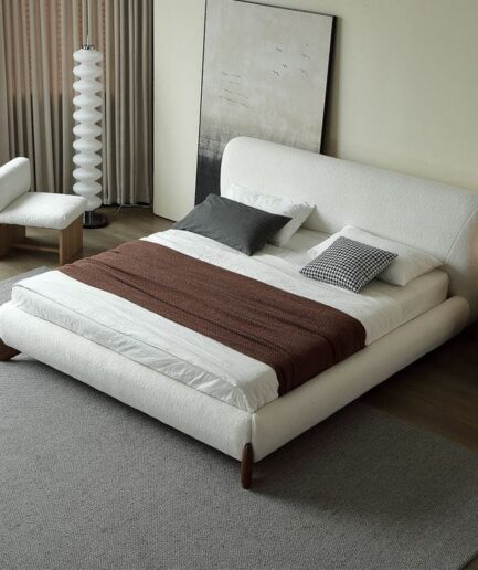White Boucle Platform Bed